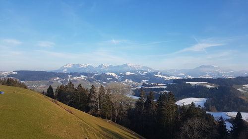 Scenic view of landscape against sky during winter