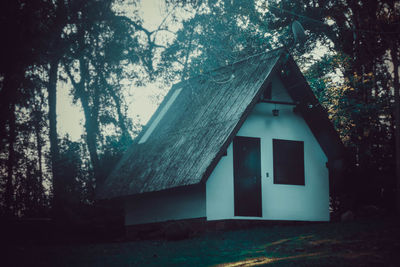 Low angle view of cottage amidst trees and building