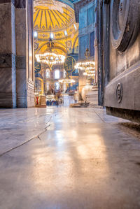 Interior of illuminated temple building