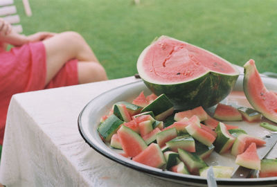 Close-up of fresh watermelon in plate on table