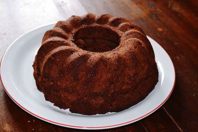 High angle view of  cake in plate on table