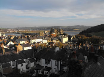 High angle shot of townscape against sky