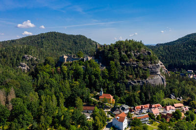 Panoramic view of mount oybin and the ruins of the monastery church and the castle, germany.