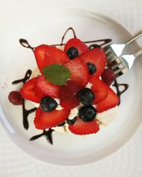 High angle view of strawberries in bowl