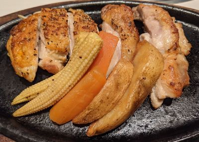 High angle view of meat platter on plate