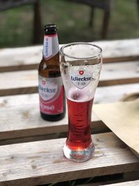 Close-up of beer glass on table