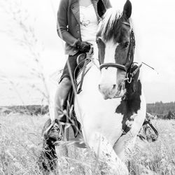 Man riding horse on field