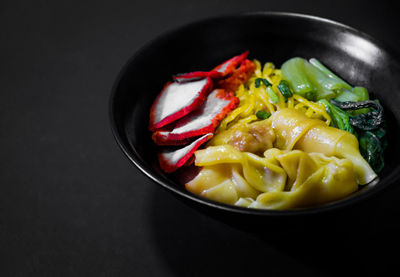 High angle view of noodles in bowl on table