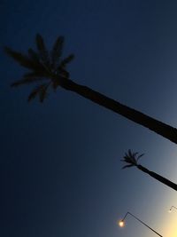 Low angle view of silhouette palm tree against clear blue sky