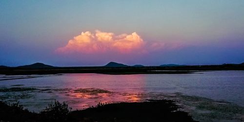 Scenic view of lake against sky during sunset
