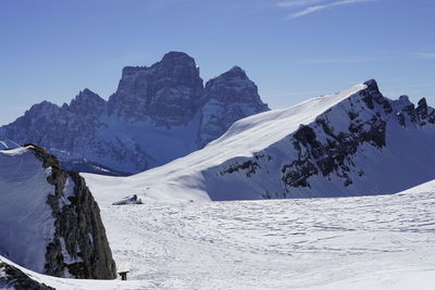 Scenic view of snow covered mountains against sky