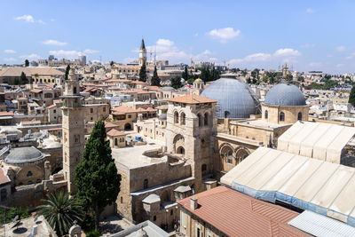 High angle view of buildings in city