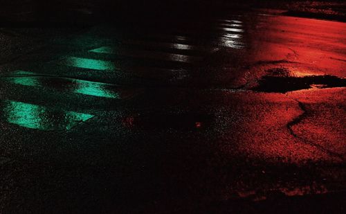 High angle view of wet road at night