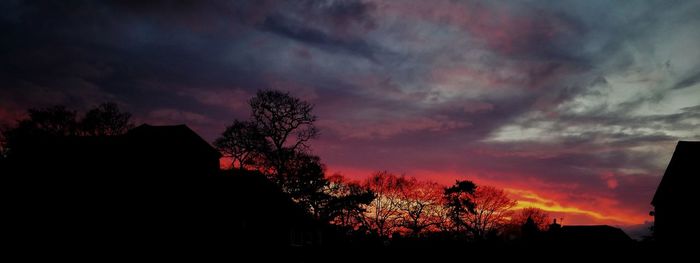 Low angle view of silhouette trees against dramatic sky