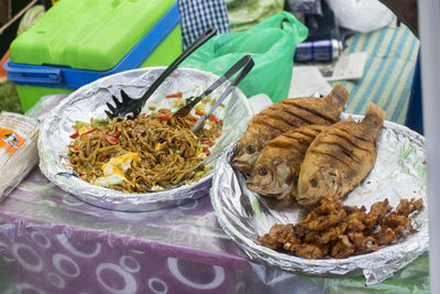 High angle view of seafood on table at market stall