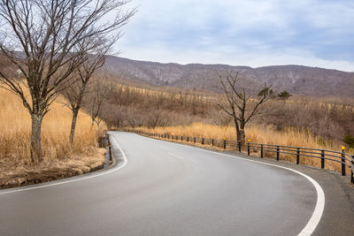 Empty road amidst trees against sky