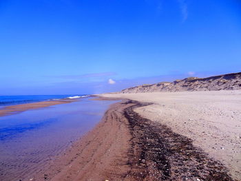 Scenic view of beach against clear blue sky