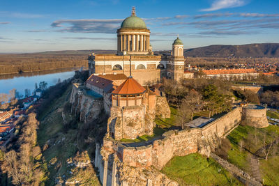 High angle view of historic building against sky