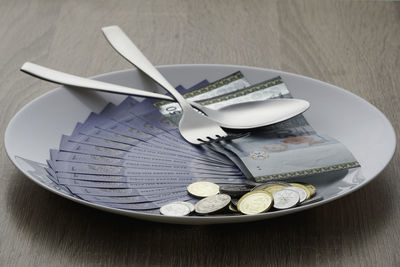 High angle view of dessert in plate on table