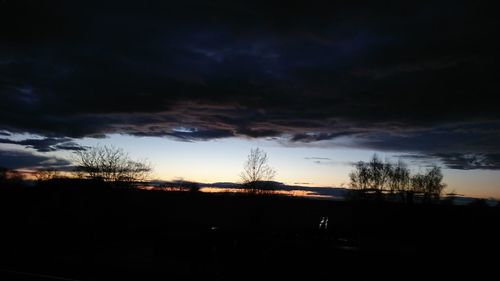 Silhouette trees on field against sky at sunset