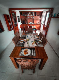 High angle view of breakfast on table at home