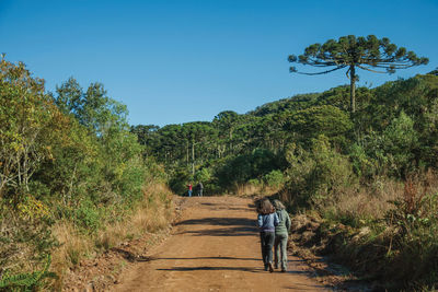 Rear view of girls walking on road amidst trees against clear blue sky