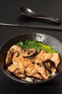 High angle view of meat in bowl on table