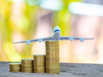 Close-up of coins on table