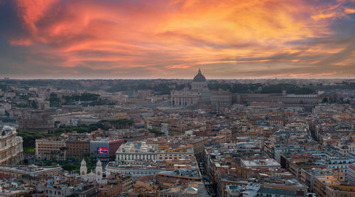 High angle view of cityscape against sky during sunset