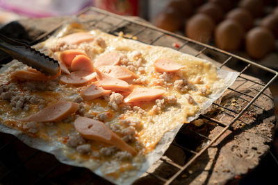 High angle view of meat in plate on table