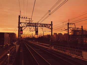 Railroad tracks against sky during sunset