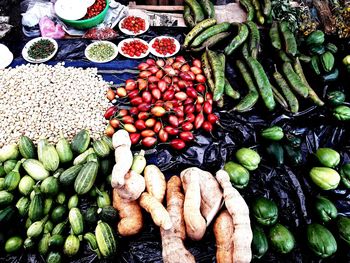 High angle view of vegetables for sale in market