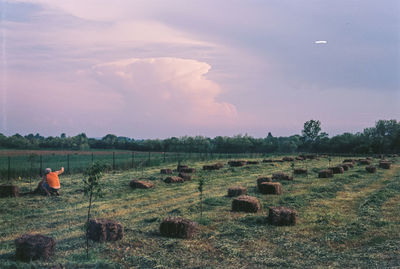 Hay bales on field against sky