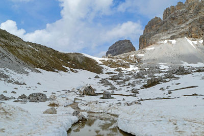 Scenic view of snowcapped mountains against sky