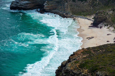 High angle view of rocks on sea shore