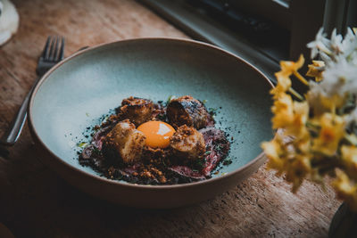 High angle view of food in bowl on table