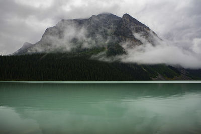 Scenic view of lake and mountains against sky