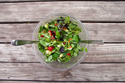 Directly above shot of salad in bowl on table