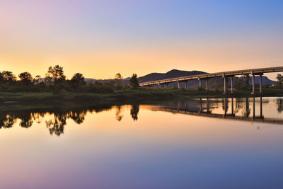 Scenic view of lake against clear sky during sunset