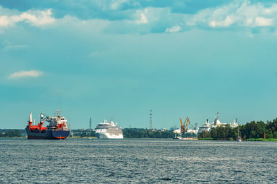 Nautical vessel on sea against sky