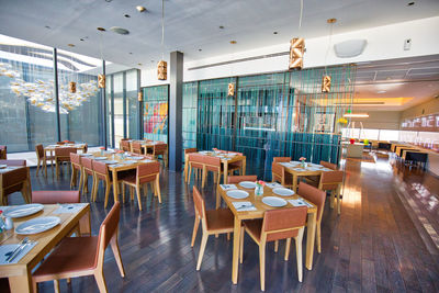 Empty chairs and tables in restaurant