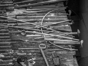 High angle view of messy house roof