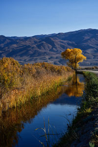 Scenic view of lake and mountains against blue sky