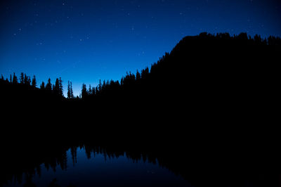 Silhouette trees in forest against clear sky at night