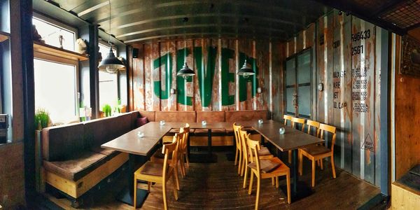 Empty chairs and tables in restaurant