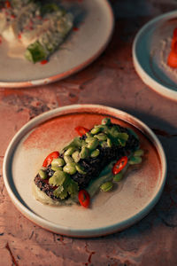 High angle view of food in plate on table