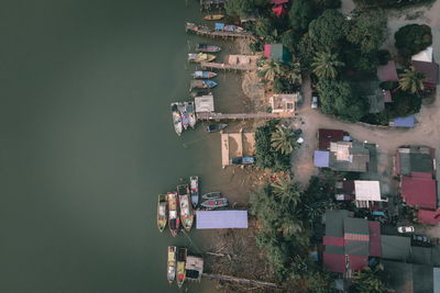 High angle view of houses and buildings in city