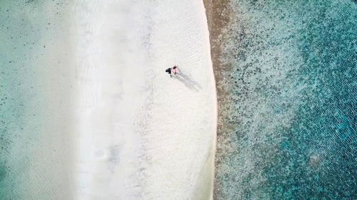 Aerial view of couple walking on shore at beach