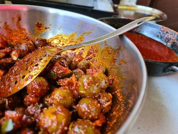 High angle view of food in bowl on table