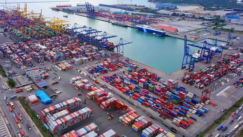 High angle view of commercial dock on pier at harbor